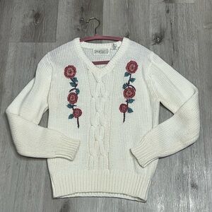 Vintage Cream  V-Neck Sweater with pink Floral Embroidery